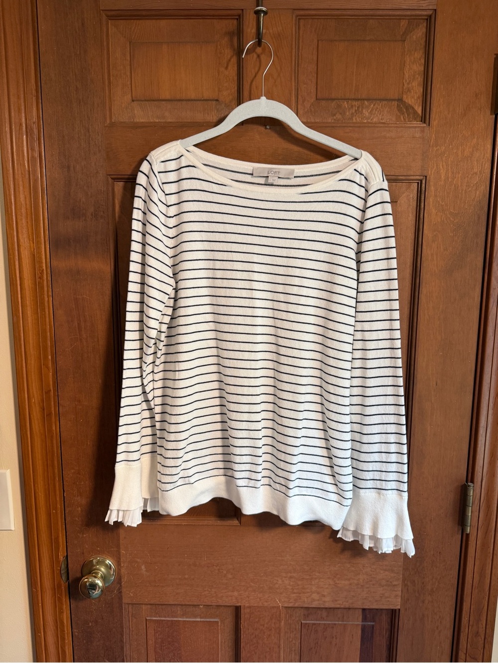 LOFT White and Black Striped Long-Sleeve Top with Ruffle Cuffs